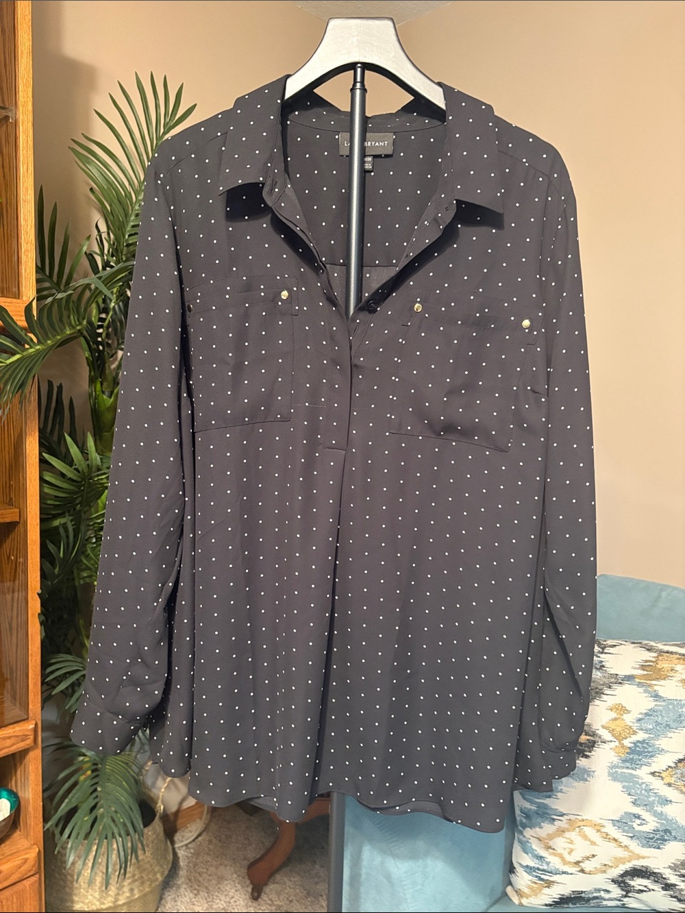 Lane Bryant Black Polka Dot Button-Front Blouse